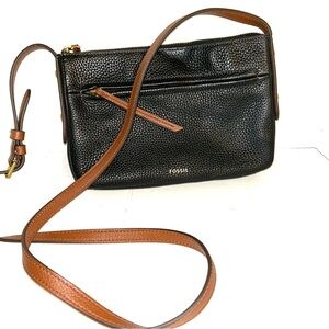 Fossil Black Leather Crossbody Bag Brown Adjustable Strap Medium 10 x 6.5